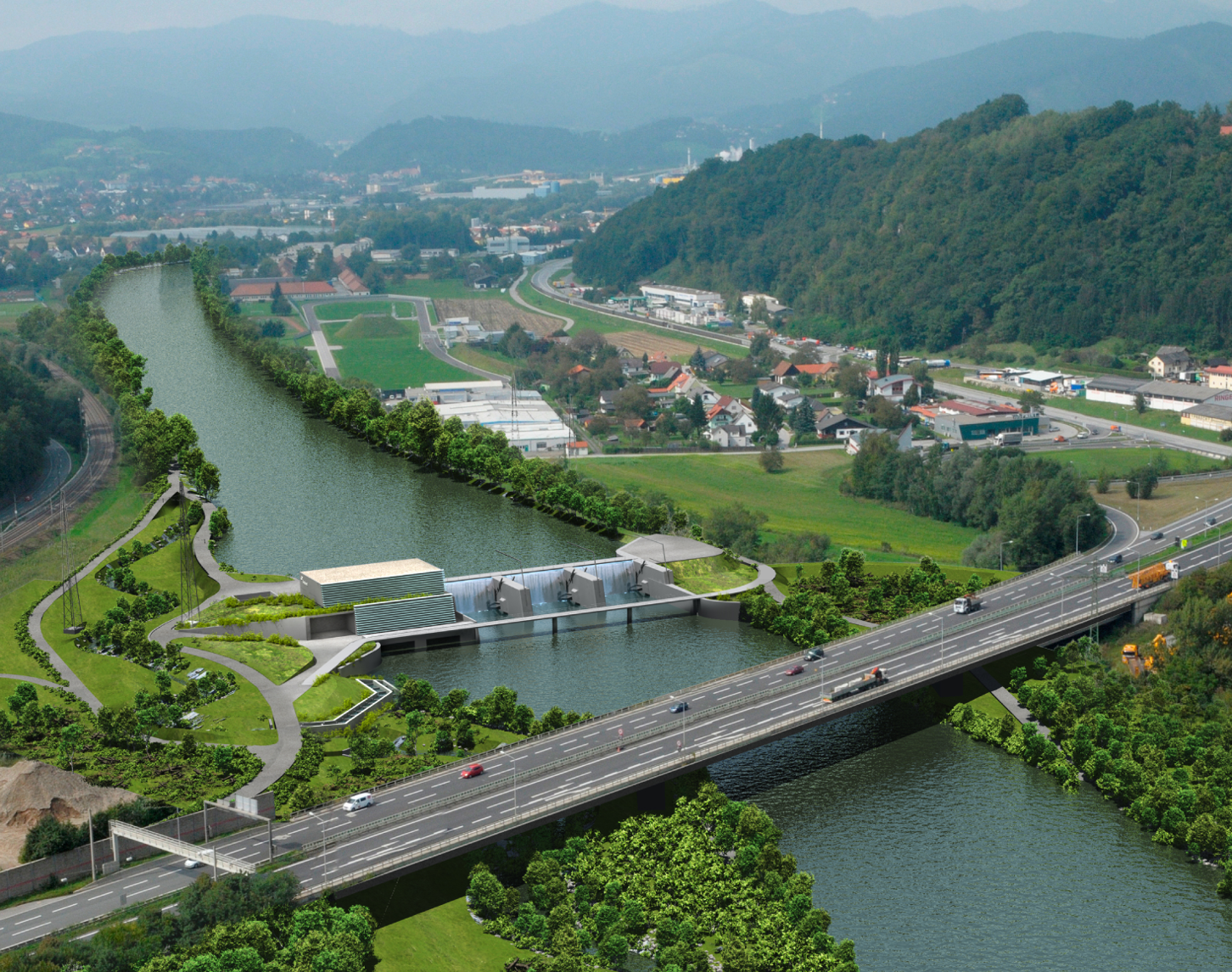 Visualisierung des geplanten Murkraftwerks Gratkorn zeigt das Kraftwerk integriert in die grüne Flusslandschaft mit einer Brücke im Vordergrund und umgebenden Hügeln im Hintergrund.