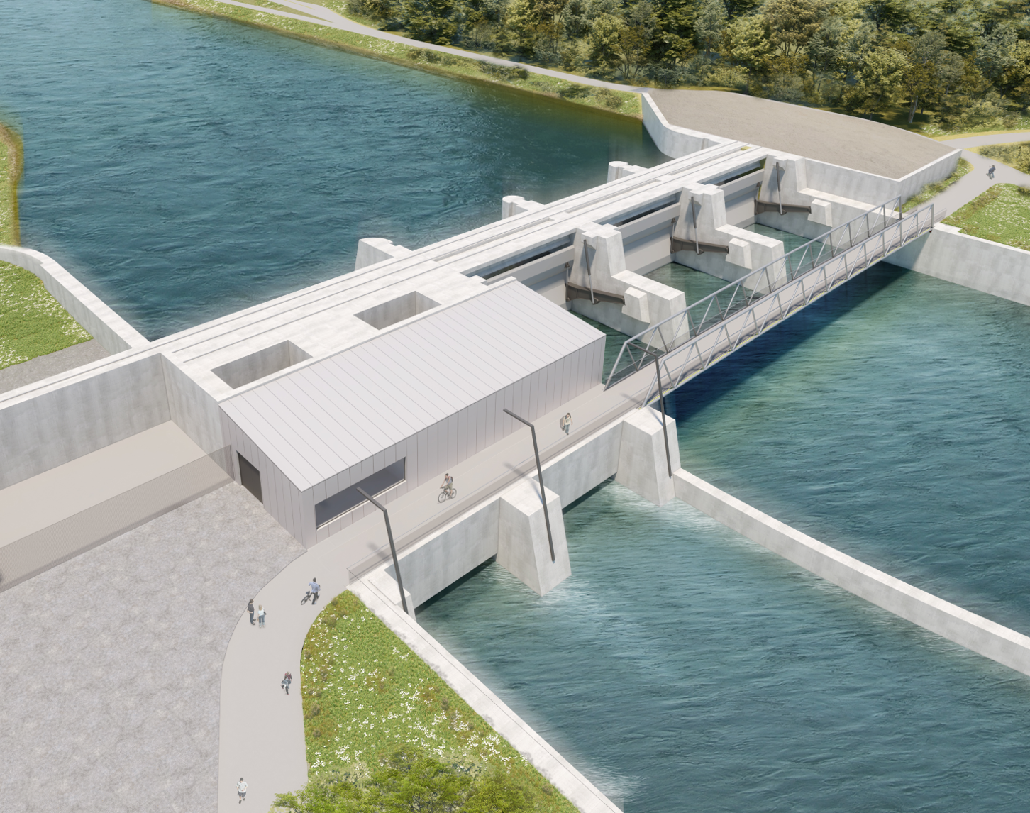 Visualisierung des Murkraftwerks Gratkorn zeigt eine Draufsicht des geplanten Wasserkraftwerks am Fluss, inklusive Wehranlagen, Fischwanderhilfe und Betriebsgebäuden mit Personen, die auf dem angrenzenden Gehweg spazieren.