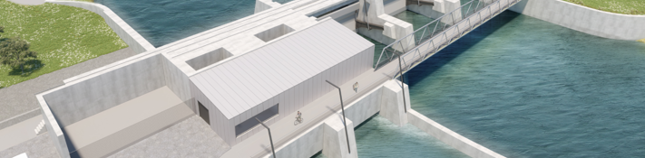 Visualisierung des Murkraftwerks Gratkorn zeigt eine Draufsicht des geplanten Wasserkraftwerks am Fluss, inklusive Wehranlagen, Fischwanderhilfe und Betriebsgebäuden mit Personen, die auf dem angrenzenden Gehweg spazieren.