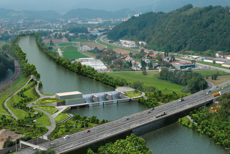 Visualisierung des geplanten Murkraftwerks Gratkorn zeigt das Kraftwerk integriert in die grüne Flusslandschaft mit einer Brücke im Vordergrund und umgebenden Hügeln im Hintergrund.